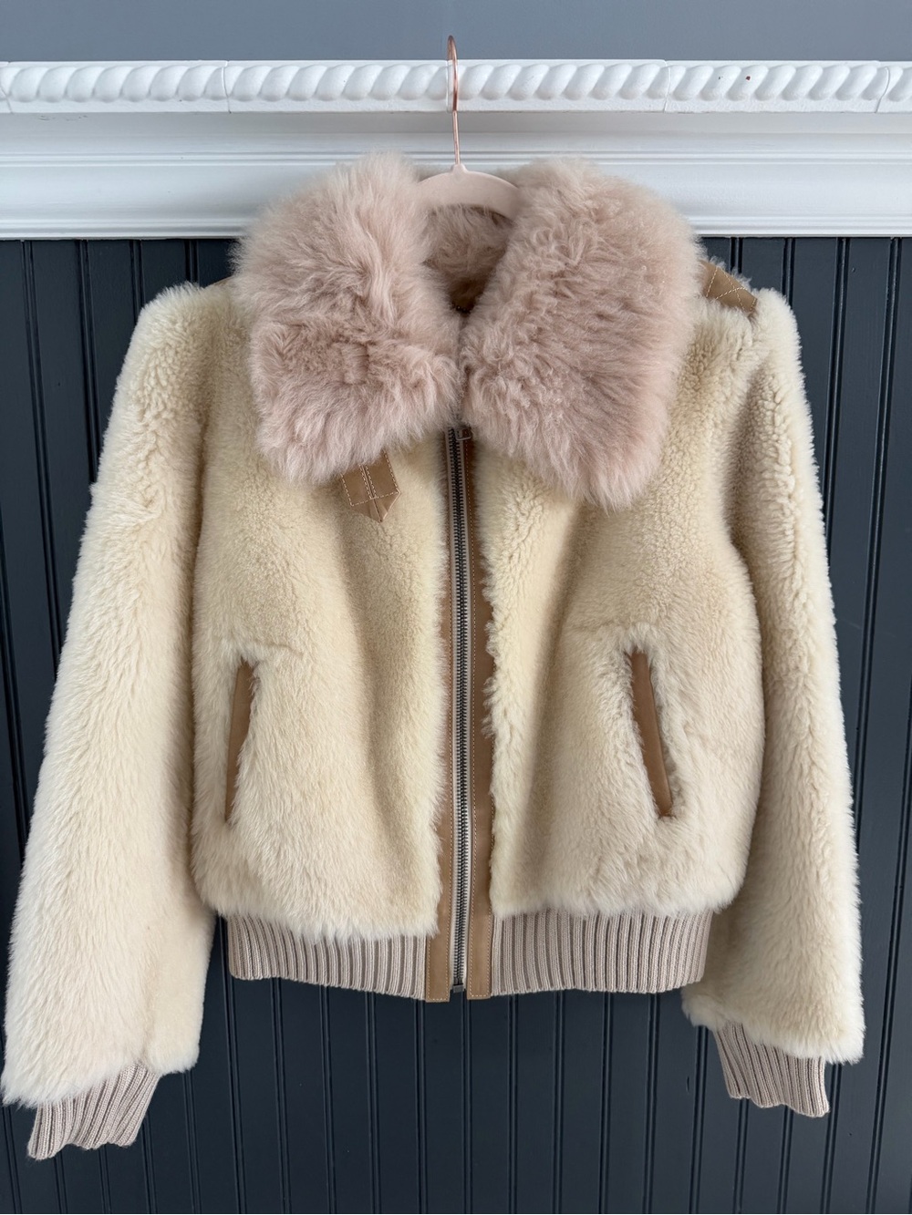 Coach Cream Bomber Jacket with Beige Plush Collar